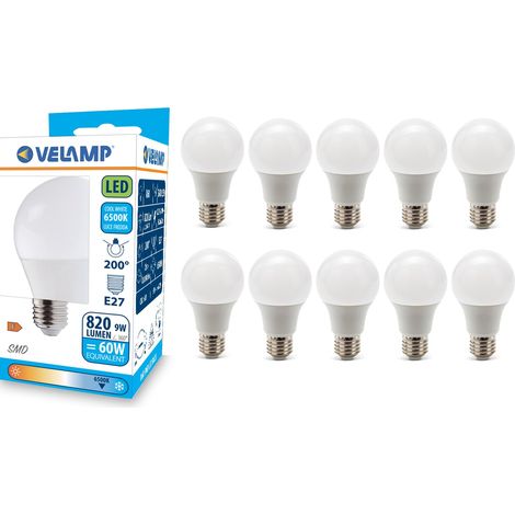Velamp Lampadina LED E27 Goccia, 9W (Equivalenti 60W), Luce Fredda 6500K RA80, Luminosa 820 lumen, copertura opale A60, Attacco edison, Risparmio Energetico, Nessuno Sfarfallio, Pacco da 10 (1/3)