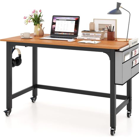 COSTWAY Mobile Computer Desk 120cm Home Office Desk w/ Storage Bag-Teak (1/5)