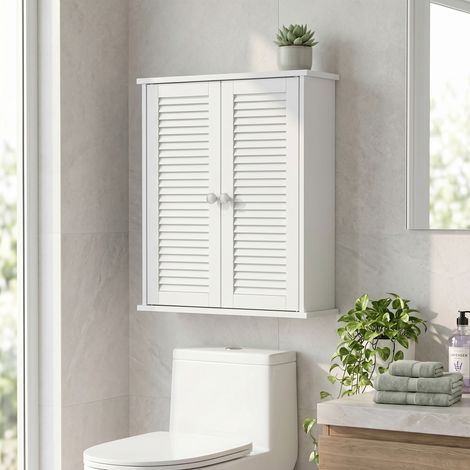 Armoire murale de salle de bain, meuble de rangement suspendu avec 2 portes persiennes et étagère réglable, blanc (1/5)