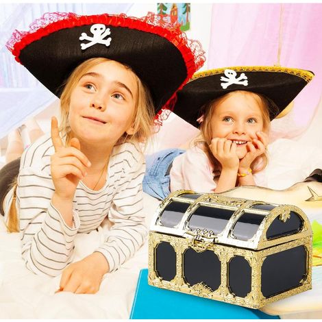 12 pièces Mini Coffre de Pirate : Petit coffre au trésor en plastique avec 12 pièces d'or et 12 pierres précieuses, coffre de pirates pour la décoration et le rangement de fête de pirates, 7,5 (1/2)