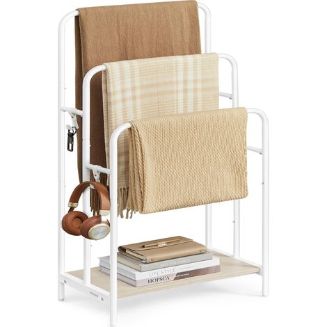 Porte Serviette Salle de Bain, Range Serviette, sur Pied, 3 Barres, 50 x 30 x 100 cm, 2 Crochets, Étagère de Rangement, Blanc Mat et Beige Naturel LLS009W01 (1/5)