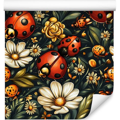 Carta da parati con coccinelle oro e verde bottiglia per soggiorno e camera da letto 50x1000 cm (1/5)