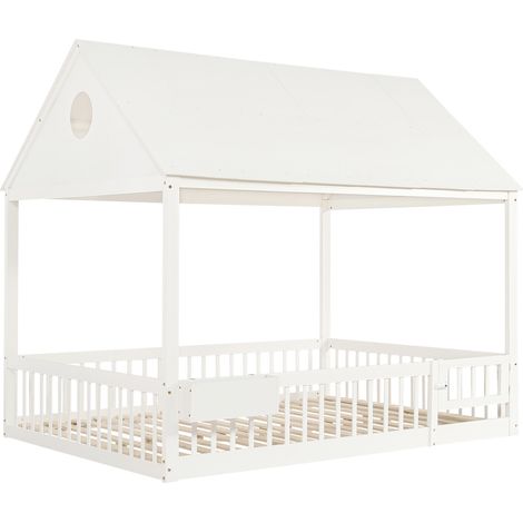 Cama infantil 140x200 cm blanca con techo, ventanas decorativas y almacenaje HOMVRA (1/5)