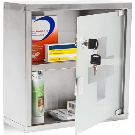 Relaxdays Armadietto Pronto Soccorso, per Medicinali, Cassetta Farmaci, Bagno, in Acciaio, HLP: 30x30x12 cm,  Argentato