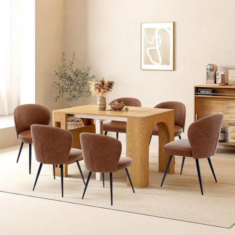 Lot de 6 Chaises de Salle à Manger Marron en Similicuir avec Pieds Métal, Dossier Ergonomique et Assise Rembourrée pour Cuisine (1/5)