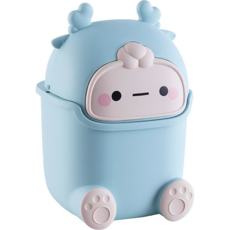Poubelle de bureau en plastique mignonne avec couvercle pour salon ou salle à manger, petit élan bleu clair, corbeille à déchets compacte. (1/5)