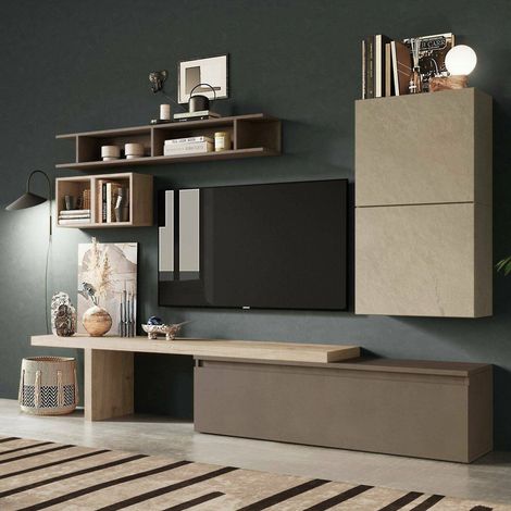 Dmora - Parete attrezzata Nemi, Composizione soggiorno, Mobile salotto multiuso, Armadio porta TV, Made in Italy, 260x40 h190 cm, Noce e Grigio (1/4)