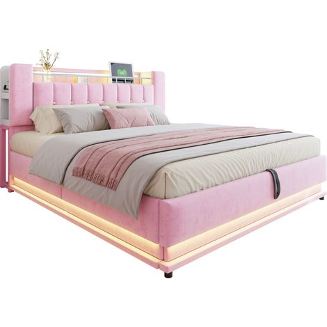 Letto Matrimoniale Contenitore 180 x 200 cm in Velluto, LED e USB, Rosa, senza Materasso (1/5)