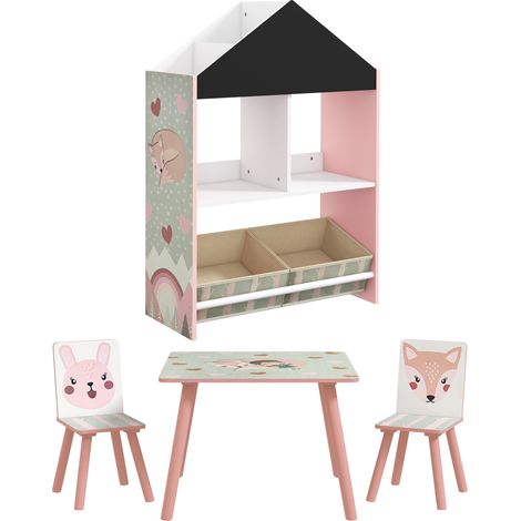 Conjunto para niños incluye 1 estantería para juguetes con pizarra pintable 2 cajas de tela no tejida y 1 mesa infantil con 2 sillas rosa (1/5)
