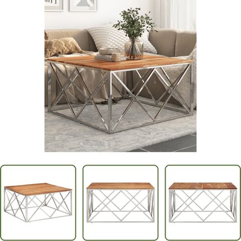 Bois d'acacia - Table basse argenté acier inoxydable et bois massif d'acacia (1/5)