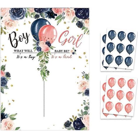 Affiche de révélation de genre avec autocollants ballon garçon ou fille, décoration fête de naissance, kit poster stickers pour baby shower. (1/4)