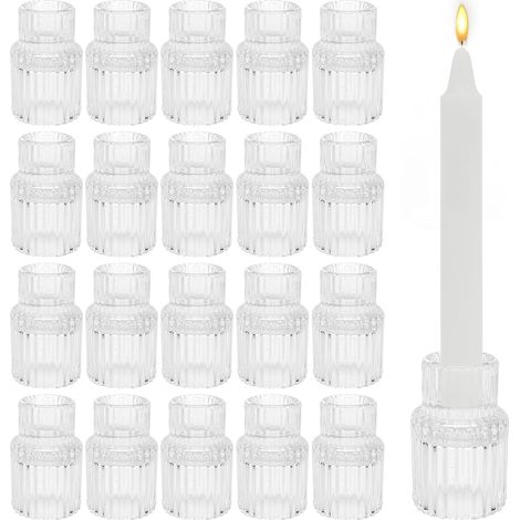 Kerzenhalter Glas 20 Stück, Klein Kerzenständer Stabkerze, Geripptem Stabkerzenhalter Glas für Abendessen, Festival, Geburtstag, Heimdekoration, Hochzeit Tischdeko, Weihnachten