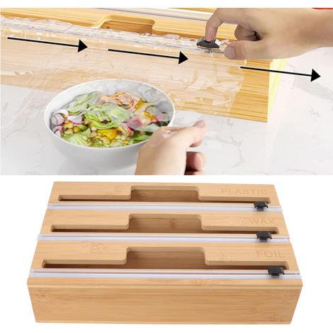Distributeur de film alimentaire avec coupe-film 3 en 1, boîte de rangement pour papier aluminium et papier ciré, idéal pour les tiroirs de cuisine. (1/5)
