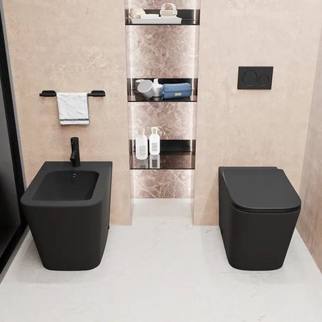 Coppia di Sanitari Filomuro in Ceramica Rimless Nero Opaco Vaso Bidet e Copriwc Soft-close Mod. Londra