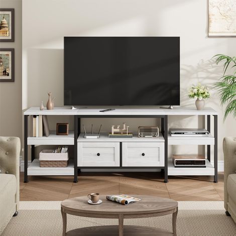 Meuble TV bas avec 2 tiroirs, 5 compartiments ouverts, pour salon, salle de divertissement, 200 x 40 x 65 cm, pour téléviseur jusqu'à 85", design industriel, blanc (1/5)