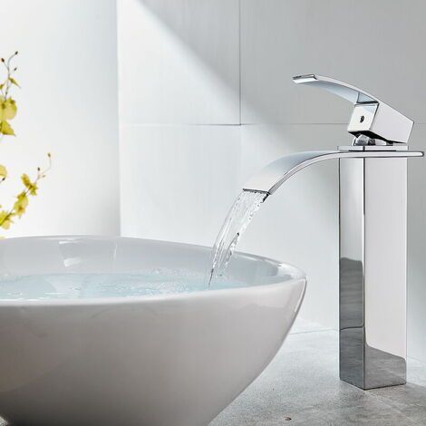 Mitigeur de Lavabo Cascade Chromé Bec Haut Robinet Vasque à Poser Robinet Lavabo Carré en Laiton pour Salle de Bain (1/5)