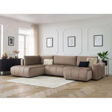BOBOCHIC - Canapé panoramique convertible coffre ARSENE tissu velours Angle droit Taupe (1/5)