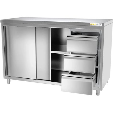 Meuble bas inox 1800x700 mm avec 3 tiroirs à droite PREMIUM - GOLDINOX (1/3)
