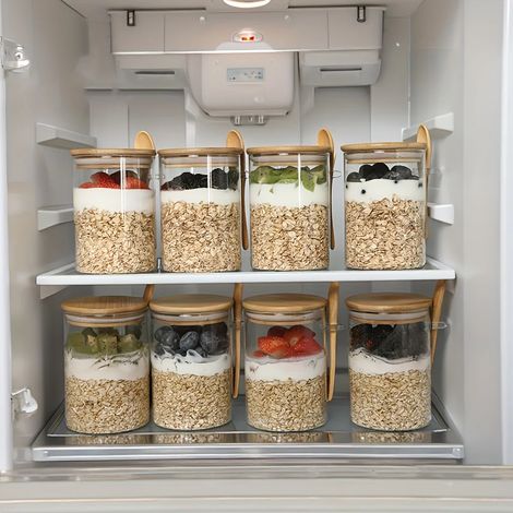 (500 ml - 8 bouteilles) Bocaux de conservation des aliments en verre avec couvercles en bambou, adaptés à la conservation des flocons d'avoine, des salades, des yaourts et des grains de café. (1/5)