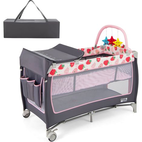 COSTWAY 4 in 1 Infant Nursery Center Folding Baby Playard w/ Toy Bar-Pink