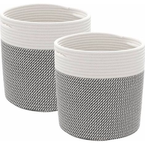 Paniers de rangement, 2 au total, gris et blanc, 28 cm de diamètre et 28 cm de largeur, en coton. (1/5)