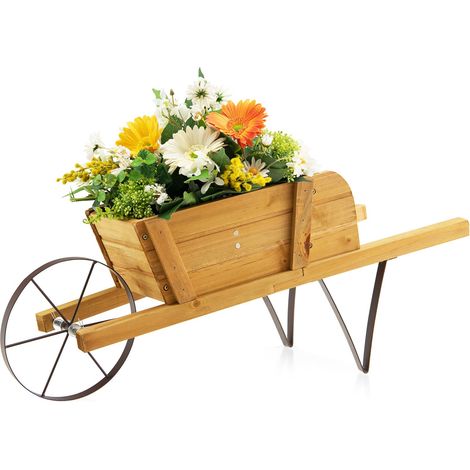 Bac de plantation charrette en bois couleur noyer avec 9 accessoires magnétiques, bac décoratif en pin pour jardin, terrasse et véranda (1/5)
