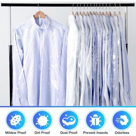 30 Pièces Plastique Housses de Vêtements, 60×140 cm Transparentes Protège-vêtements pour Chemise, Veste, Costume, Pull-Over (1/3)