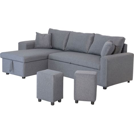 Happy Garden – Canapé d'angle convertible 3 places gris chiné – Méridienne réversible – Coffre de rangement – Couchage 140x197cm