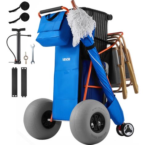 Chariot de Plage Tout-terrain, Chariot de Transport Pliable Charge Maximale 75 kg, Charette pour Camping Pêche Jardin Extérieur, avec Roues Ballons de 32 cm, Sac Isotherme et Porte-parasol (1/5)