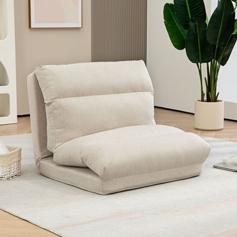 Sillón de Suelo Plegable, Respaldo Regulable en 6 Posiciones, Acolchado Grueso, Función Cama, Poliéster Beige (1/5)