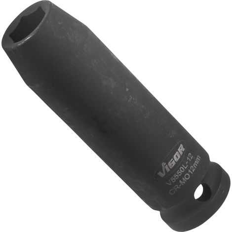 VIGOR Schlagschrauber Steckschlüsseleinsatz, lang, V5550L-12, 1/2 (12,5 mm) Vierkant hohl, Außen Sechskant Profil, SW 12 mm (1/4)