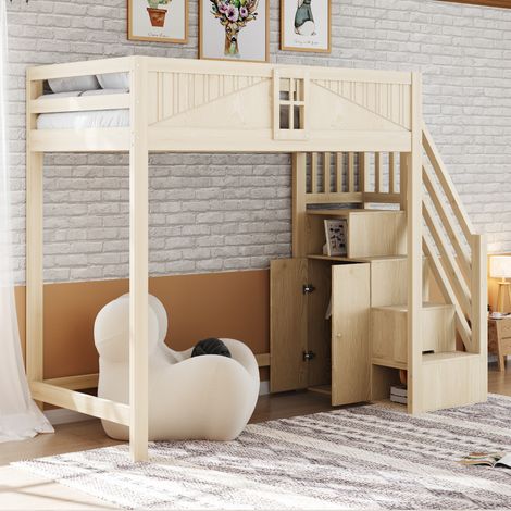 Massivholz-Hochbett 90 x 200 cm, Einzigartige Sicherheitstür mit Fenster, Seitliche Ablage-Sicherheitsleiter Links und Rechts Austauschbar, Multifunktionsbett, Holzfarbe (1/5)