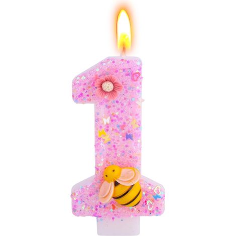 Bougie Rose-Violette pour le 1er Anniversaire, Adorable Bougie Chiffre Décorée d'Abeilles et de Fleurs pour la Décoration de Gâteau du 1er Anniversaire d'Une Petite Fille (1/5)