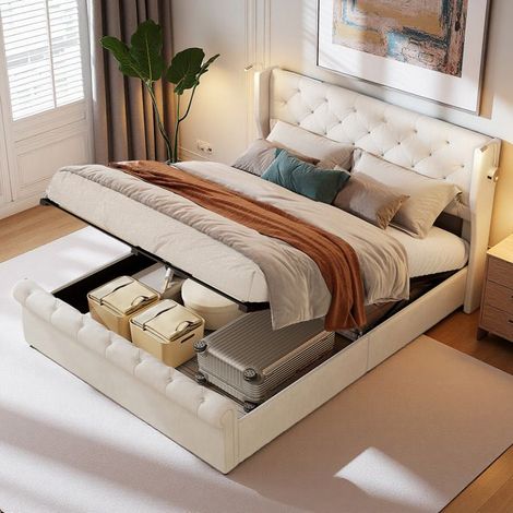 Letto 140x190 cm, 1HXF, porta USB, lampada, idraulico, letto per adulti, struttura letto matrimoniale 140x190 cm, Velluto, Beige