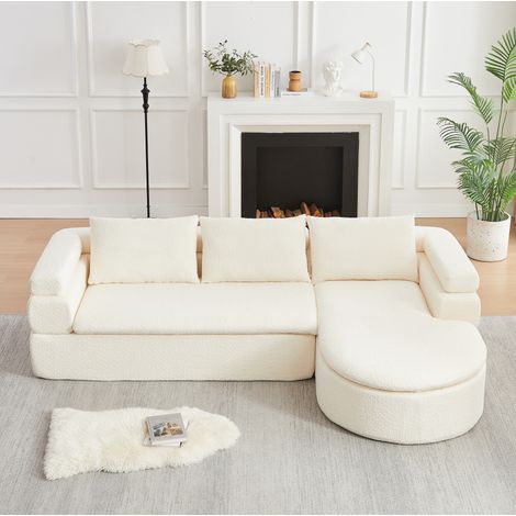 Sofá esquinero en L con chaise longue, chenilla, diseño nube, beige marfil HAVRYA (1/5)