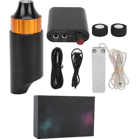 Kit de stylo tatouage rotatif avec bloc d'alimentation, pédale, cordon clip DC, machine liner & shader, prise US 90‑265V, orange (1/5)