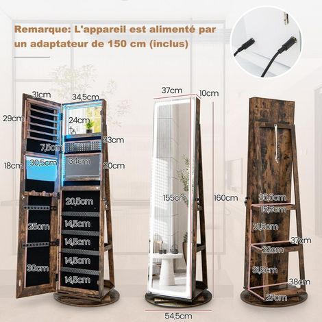 Accès facile, armoire à bijoux sur pied avec miroir LED, rotation 360° et rangement maquillage sécurisé (1/5)
