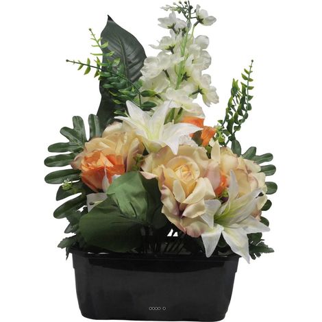 Jardinière fleurs artificielles pour les tombes Rose, bouton de Rose, Lys et Delphinium Orange - couleur: Orange