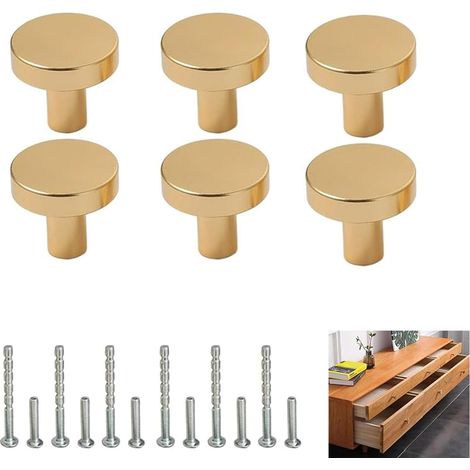 Pack de 6 Boutons de Tiroir en Laiton Massif, Poignées de Meuble Rondes Dorées avec 12 Vis, Idéal pour Armoires, Placards, Commodes et Meubles Divers (Diamètre 25 mm, Hauteur 20 mm) (1/5)