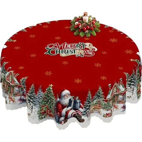 Nappes de Noël et du Nouvel An, nappes à motifs de Père Noël, de bonhomme de neige et de sapin de Noël, nappes de Noël, nappes rondes. (1/3)