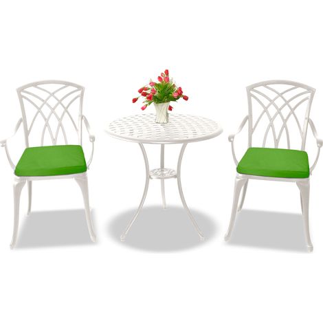 Centurion Supports OSHOWA Luxurious Garden & Patio Table & 2 Large Chairs with Armrests Cast Aluminium Bistro Set - White with Green Cushions (1/5)