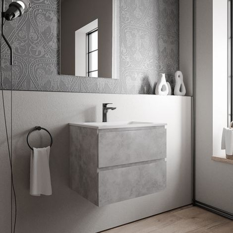 BERNSTEIN - Mobile lavabo sospeso MDF effetto cemento, lavabo Ghisa bianco opaco + foro rubinetto - 60x46x50cm - AVA CREAM	Calcestruzzo, Bianco opaco con foro rubinetto