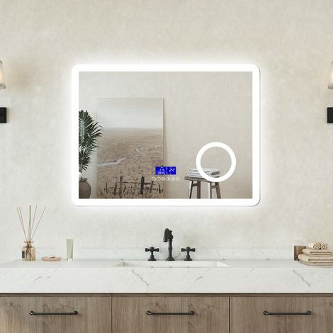 AVER-GROWTH 80x60cm 3 Color Bathroom LED Mirror with Anti-fog, Touch, Bluetooth Speaker, Clock, Magnifying, Memory Function, IP 44 (1/5)