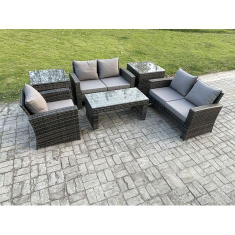 Fimous 6pcs Rattan Outdoor Garden Furniture Sofa Set with Coffee Table 2 Side Tables Dark Grey Mixed (1/5)