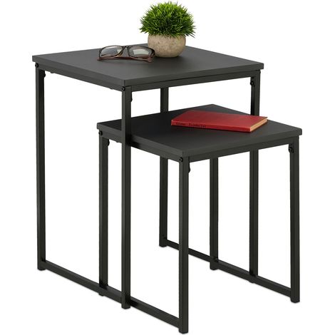 Relaxdays Mesas Auxiliares, Pack de 2, Mesitas de Salón, Diseño Nido, 2 Tamaños y Apilables, Metal, Decorativas, Negro