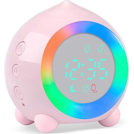 Réveil (rose-violet) pour enfants, chiffres lumineux, veilleuse LED, réveil matin et soir, volume réglable, fonction snooze, rechargeable par USB. (1/5)