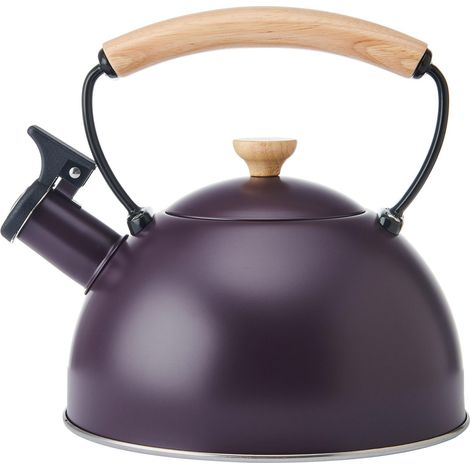 La Cafetière Tetera silbante con mango de madera resistente al calor, tetera ligera resistente a la corrosión con boquilla abatible, compatible con todos los fogones, color morado, 1.6 l