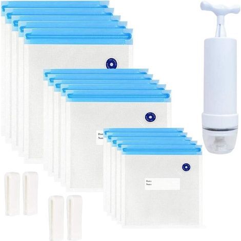 Lot de 20 sacs de conservation sous vide électriques réutilisables, comprenant une pompe manuelle, 3 tailles de sacs scellés et 4 pinces.-AquaForge (1/5)