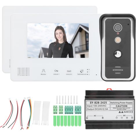 Kit interphone vidéo 2 fils avec 2 moniteurs 7 pouces et caméra 1000TVL, vision nocturne, interphone maison 100-240V (1/5)