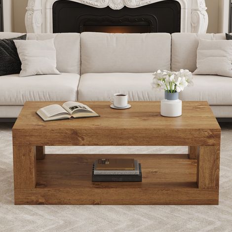 Table basse rectangulaire 2 niveaux, étagère de rangement, structure MDF robuste, meuble salon 93x53x46cm - Bois (1/5)